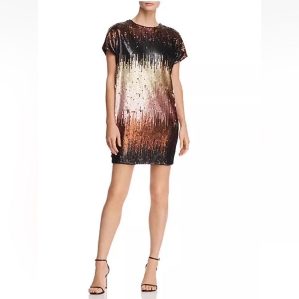 Aidan Mattox Sequin Ombre Mini Shirt Dress Short Sleeve Black/Pink/Gold Sz 4
